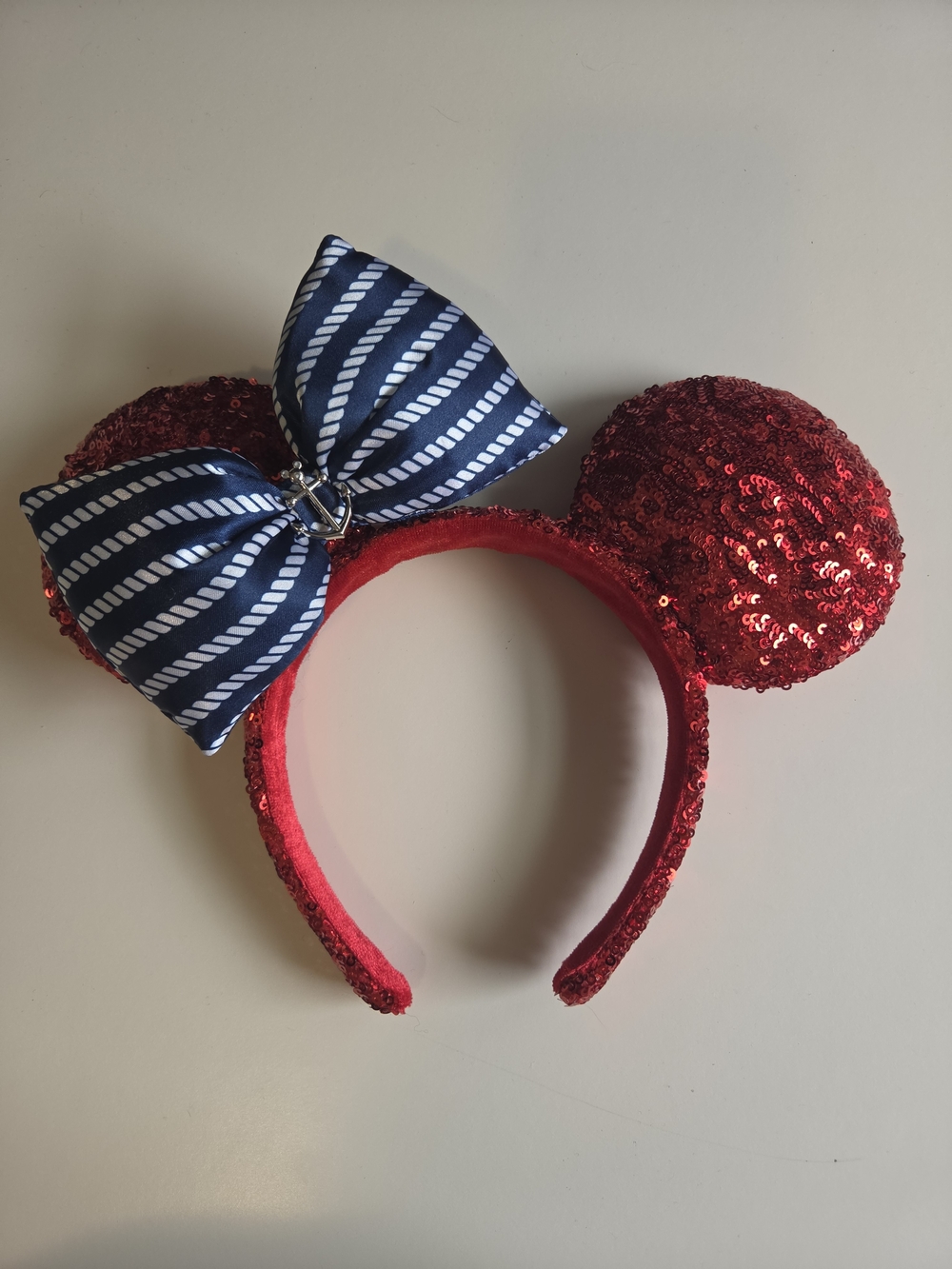 Sequin Red Minnie-Style Ear Headband with Navy Striped Bow